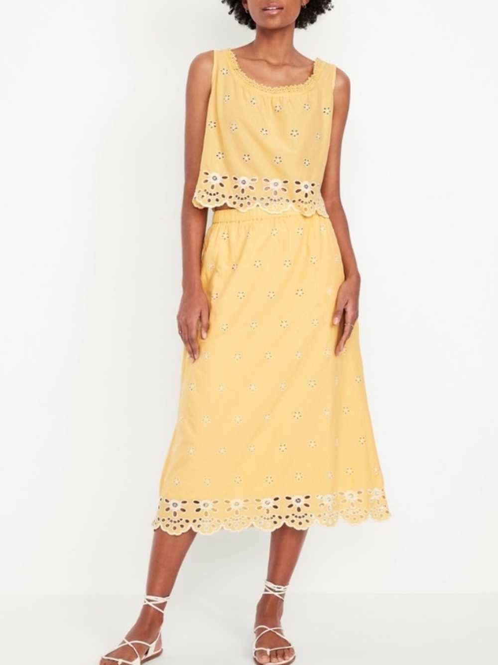 Old Navy Yellow Eyelet Set: Midi Skirt with Scalloped Trim & Matching Tank Top